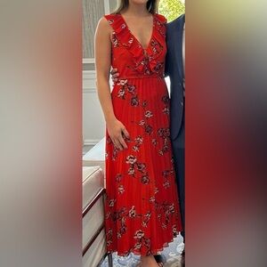 ❤️ 🧡 Red/Orange Floral Pleated Midi Dress – Ruffle Detail – Size Small